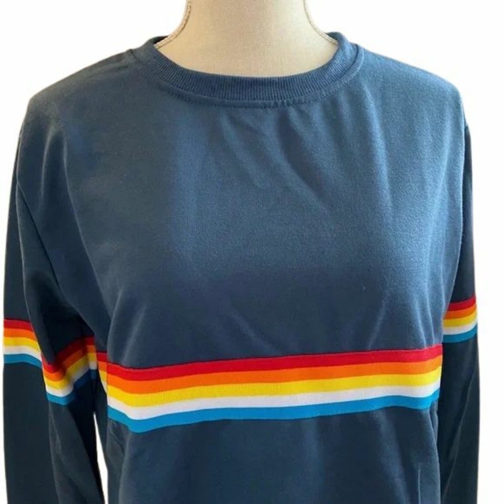 Rainbow Stripe Blue Cropped Lightweight Pride Sweatshirt, Sz L - Picture 2 of 13